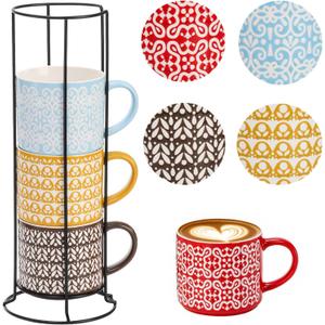 Hiceeden Set of 3 Stackable Coffee Mugs with Rack, 15 oz Colorful Ceramic Coffee Mugs with Metal Stand, Coffee Cup Set for Espresso, Cocoa, Latte, Americano, Cappuccino, Tea, Milk, Multi-colored