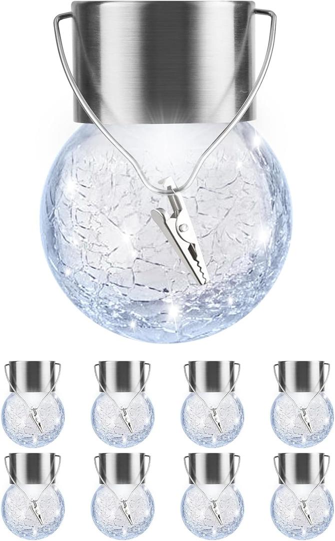 Solar Lights Outdoor Hanging Decorative Globe 8 Pack, Waterproof Solar Lantern with Handle and Clip, Solar Powered Glass Ball Lights for Garden Yard Fence Tree Umbrella Holiday Dcor, Cold White