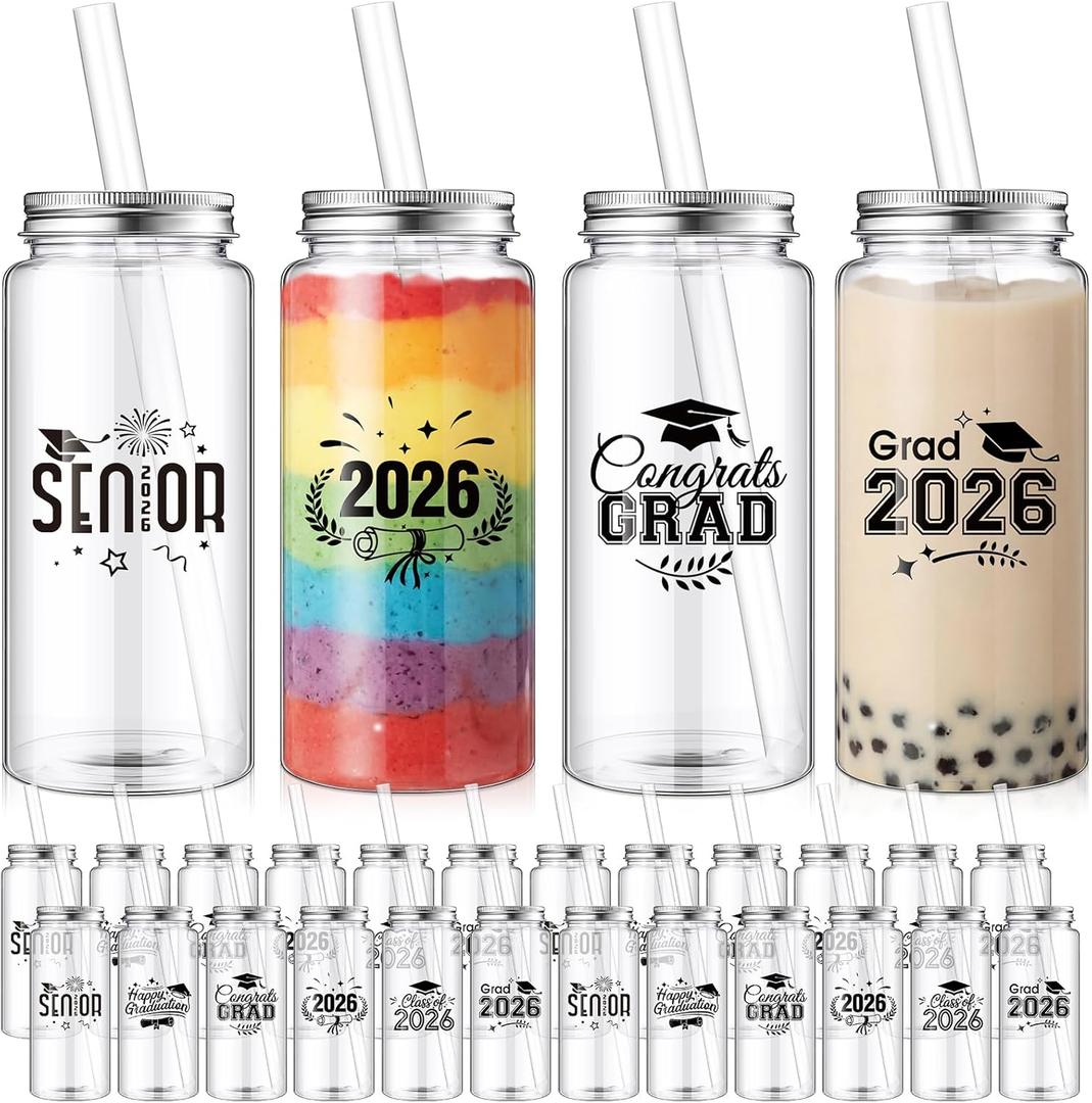 24 Pcs Graduation Gifts 13.5 oz Class of 2026 Plastic Cups with Lid and Straws Bulk Senior Mason Jars Bottles Reusable Tumblers for College Congrats Graduate Party Supplies (Black)
