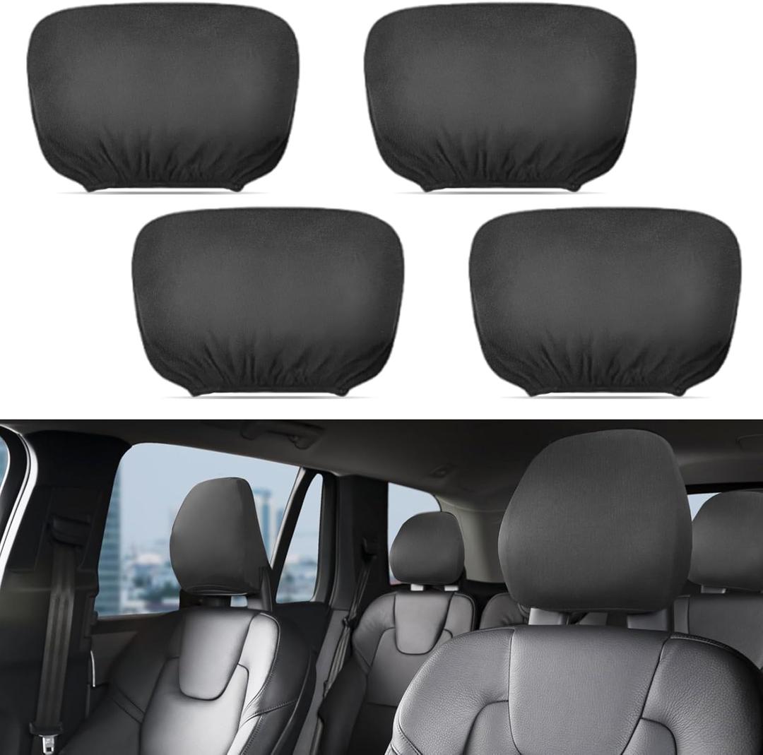 4 Pcs Universal Car Seat Headrest Cover, Soft Flexible Fabric Headrest Covers for Cars Washable Car Headrest Protector for Most Cars, Trucks & Vans (Black)