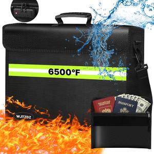 6500°F Large Fireproof and Waterproof Document Bag with Lock,10 Layers Insulation Materials&Waterproof Zipper,Removable Folder Layers/Wallet,Reflective Strip for Valuables, Black