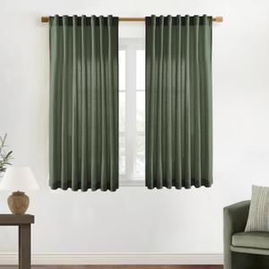 XTMYI Short Curtains for Bathroom Window,Dark Olive Green Boho Bathroom Decor Shower,Sheer Linen Kitchen Curtains,45 Inch Length (Loden), 50"W x 45"L
