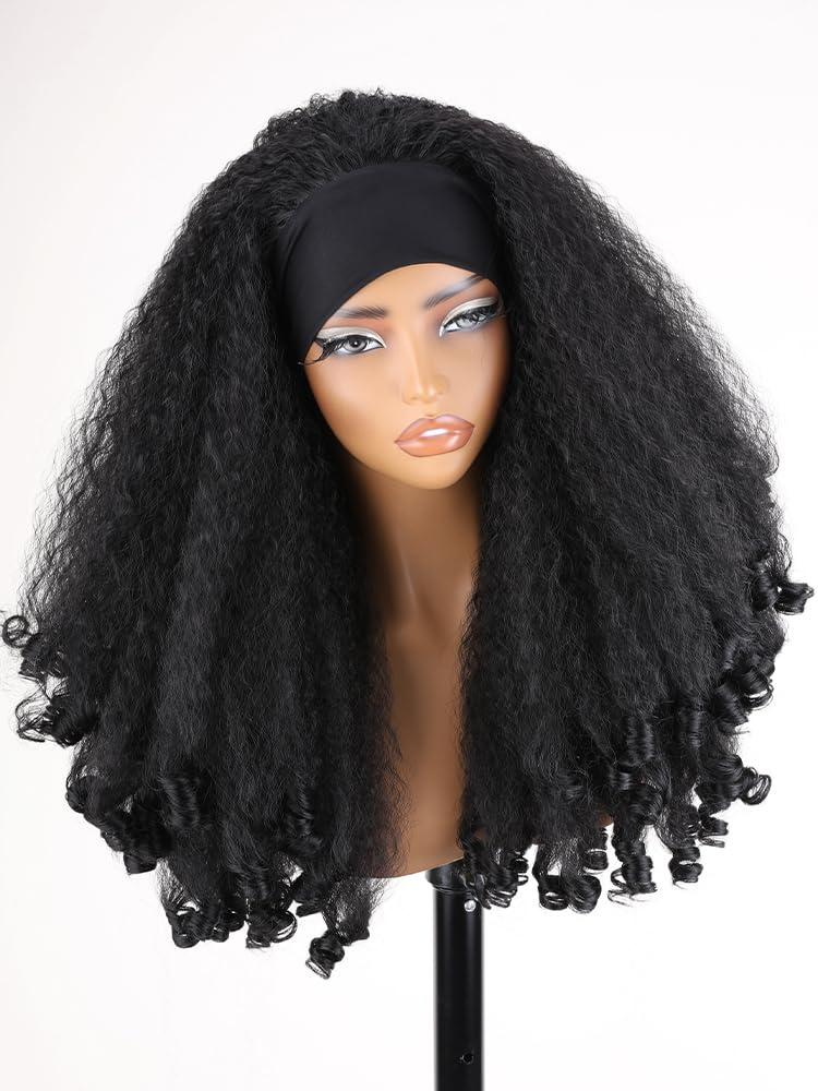 SOKU New Afro Curly Headband Wig, Synthetic Braided Hair Texture with Unique Bouncy Curls in the End, Black 20 Inch Soft Curly Voluminous Headband Wigs for Black Women Blend Kinky 4C Hair