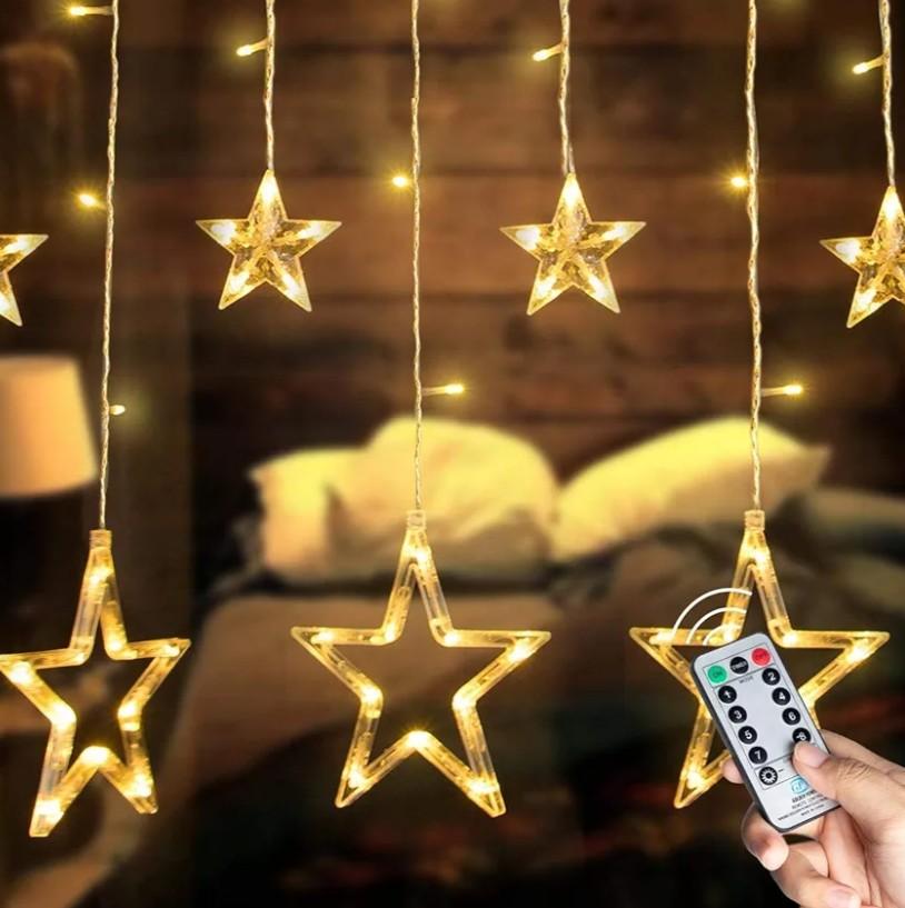 Hwangyd Star led Curtain String Fairy Lights  Plug in Indoor Ourdoor 12 Stars 138 LED Window Twinkle Hanging Lights with 8 Flashing Modes, Decorate for Bedroom Christmas Party Patio, Warm White