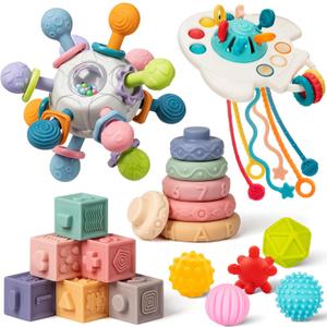 Baby Toys 6 to 12 Months, 5 In 1 Montessori Toys for 1 Year Old, Incl Travel Pull String Toy & Rattle Teether & Stacking Baby Block & Soft Infant Ring & Sensory Ball for Toddler 0-3-6-9-12 Month