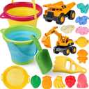 WeCraftool Beach Sand Toys, Sandbox Toys Set with 2 Collapsible Toy Buckets, 2 Dump Truck, Dinosaur Space Fruit Molds, Shovels, Mesh Bag, Summer Beach Essentials for Toddlers Kids Boys Girls Ages 3-10