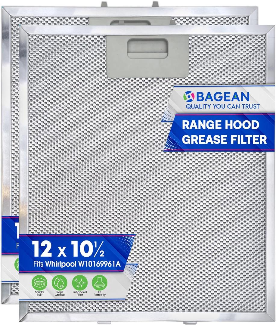 Bagean Range Hood Filter Replacement 12" x 10.5" W10169961A Compatible with Whirlpool Stove Hood Vent Filter - Aluminum Screen for Kitchen Overhead Exhaust Fan Blocks Grease & Filters Oven Air (2-Pk)