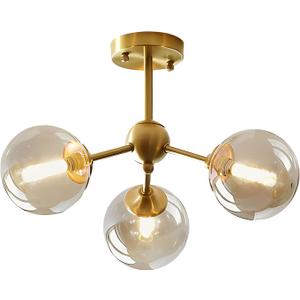 KCO Lighting Small Amber Glass Ceiling Light Bubble Sputnik Chandelier Brass Gold Semi Flush Mount Ceiling Light for Kitchen Bedroom Hallway