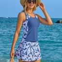 ANFILIA Two Piece Tankini Swimsuits for Women Printed Block Tankini Top with Swim Skirt Tummy Control Bathing Suit (Blue, XL)
