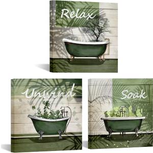 Nachic Wall Green Bathroom Picture Wall Decor Relax Soak Unwind Signs Poster Canvas Print Art Botanical Leaf Artwok Framed Washroom Toilet Decoration Ready to Hang 12X12inchx3pcs