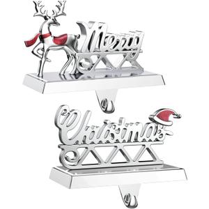 Merry Christmas Stocking Holders Set of 2 - Christmas Reindeer Mantle Stocking Hangers -Stocking Holders for Mantle- Weighted Shiny Silver Metal Deer Home Holiday Dcor
