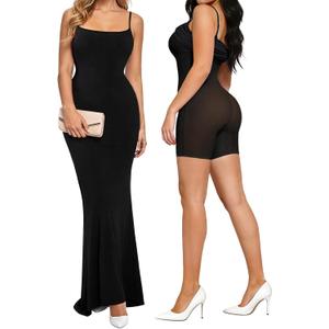 Popilush Formal Dresses for Women Maxi Black Dress Built in Bra Summer Shapewear Tummy Control Bodycon Spaghetti Strap Slip (Large)