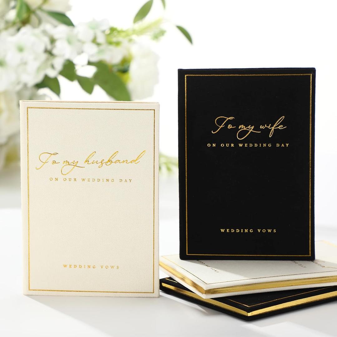 Engrowtic 2 Pcs Wedding Vow Books His and Her to Husband Wife Wedding Must Have Registry Ideas Gold Foil Lined Page Premium Engagement Gift for Guest Groom Newly Engaged Couple(Black-White)