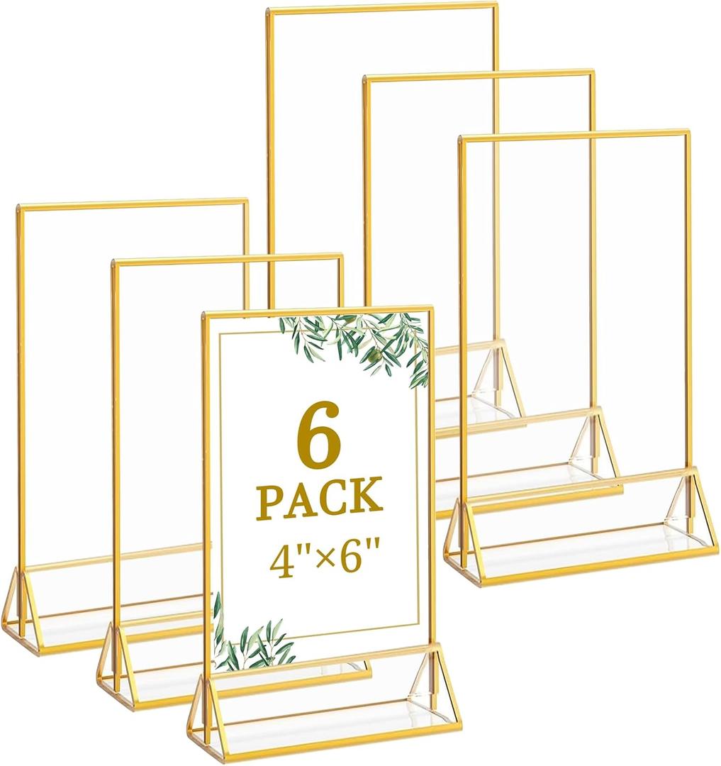 Floroom 6 Pack 4x6 Inch Clear Acrylic Sign Holders, Double-Sided Gold Display Stand Picture Frames for Table Numbers, Menus, Flyers, Weddings, and Offices