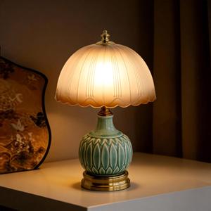 15.7" Mid-Century Modern Table Lamp, Green Ceramic Base with Scalloped Gradient Glass Shade, 3-Color Dimmable LED Bedside Lamp for Bedroom & Living Room, Aesthetic Home Decor, Bulb Included