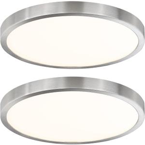14 Inch Flush Mount LED Ceiling Light Fixture, Slim Dimmable Flush Mount Light for Kitchen, Metal and Glass Modern Ceiling Light for Low Ceiling, Bedroom, Laundry, Brushed Nickel, 26W, 3000K, 2 Pack