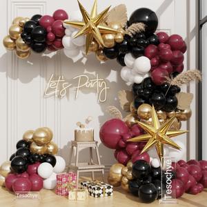 Burgundy Balloon Arch Garland Kit,Burgundy Maroon and Gold White Black Balloons Exploding Star Foil Balloons for New Year Decorations Graduation Retirement Birthday Wedding Party Supplies