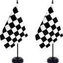 WXTWK Pack of 2 Checkered Black and White Racing Flag Race Car Deluxe Desk Flag Set - Mini Small Racing Table Office Flags with Black 12" Solid Pole Stand Base Decorations