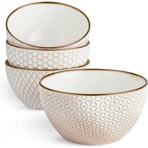 KooK Soup Bowls, Embossed, Ceramic Bowl, for Soup, Cereal and Poke, Microwave & Dishwasher Safe, Cream with Dark Copper Accents, Set of 4, 26 oz, Narbonne Collection