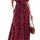 PRETTYGARDEN Womens Summer Dresses 2025 Casual Boho Floral Puff Short Sleeve Flowy Maxi Dress Smocked V Neck Sun Dresses (Black Red, Small)