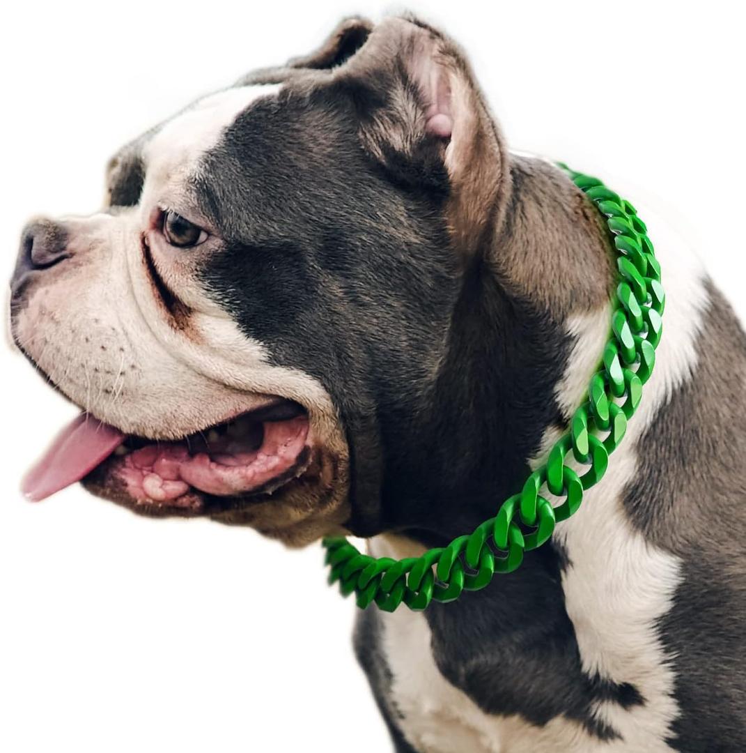 Cuban Link Dog Collar - 3/4 in Wide Irish Green Metal Chain Collar, Designed Puppy Necklace, Stands Out Costume Jewelry for Bully, Doberman,Boxer 24"