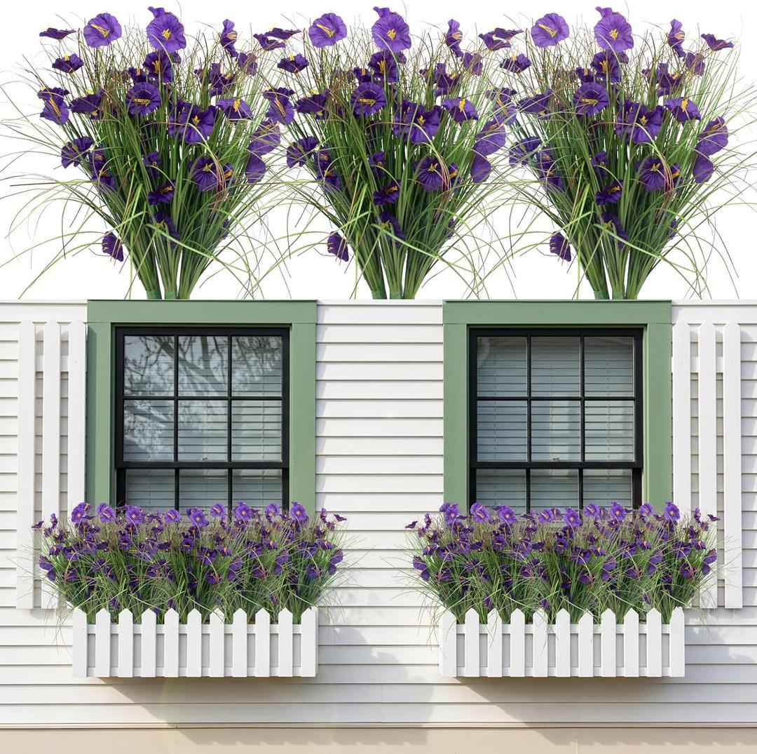 6 Bundles Artificial Flowers for Outdoor, Faux Silk Morning Glory Spring Summer Flowers for Outside Garden Planter Front Porch Yard Patio Window Box & Indoor Table Vase Home DecorPurple