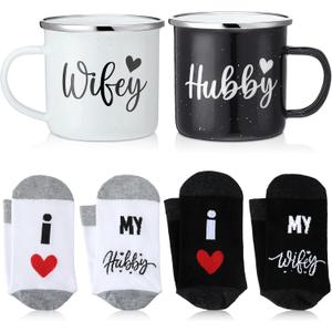 Domensi 4 Pack Hubby and Wifey Gifts Wifey and Hubby Enamel Couples Coffee Mugs Couples Socks for Bride Engagement Groom Wedding Gifts