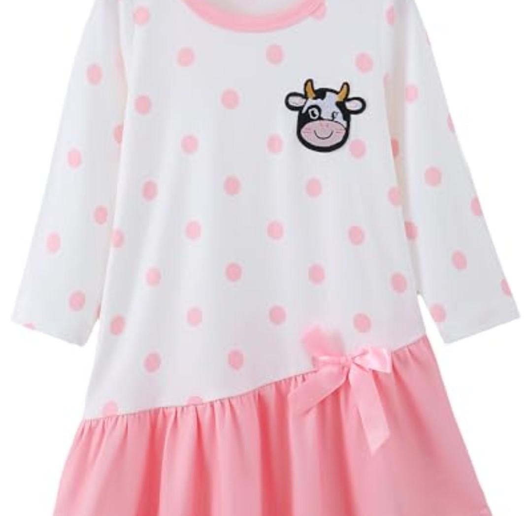 HIGHUZZA Baby Girl Clothes, Long Sleeve Bow Tie Pink Polka Dot Cow Print Outfits for Fall Casual Birthday Party 2-3T