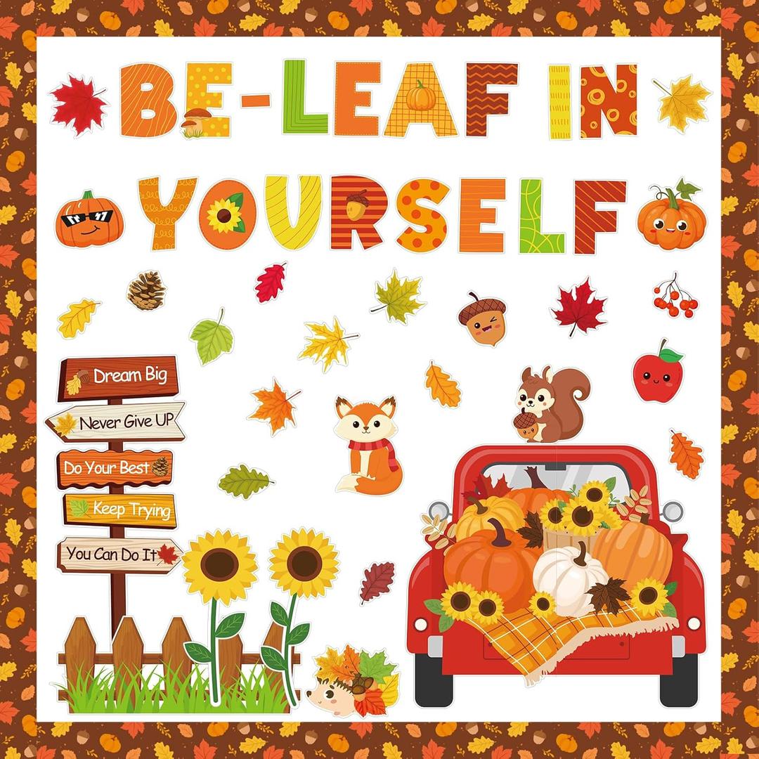 YQUQWN 70 PCS Thanksgiving Fall Classroom Bulletin Board Decorations Be Leaf in Yourself Paper Cutouts with Glue Points for Thanksgiving Classroom Decorations School Home Wall Door Decor