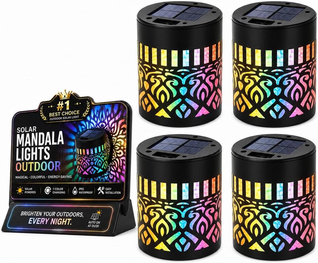 4pc Mosaic Solar Lights Decorative Balcony Disk Garden Mandala Solar Mandala Lights Outdoor Wall Metal Magical Holographic Rainbow Patio Lights Solar Powered 2026 New Projection Seven-Color Changing