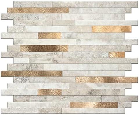 KASARO 6-Sheet Peel and Stick Backsplash Tiles for Kitchen, Marble Beige with Vintage Golden Embellished Stripes, Self-Adhesive Aluminum Wall Tile Stick on Bathroom, Fireplace, RV