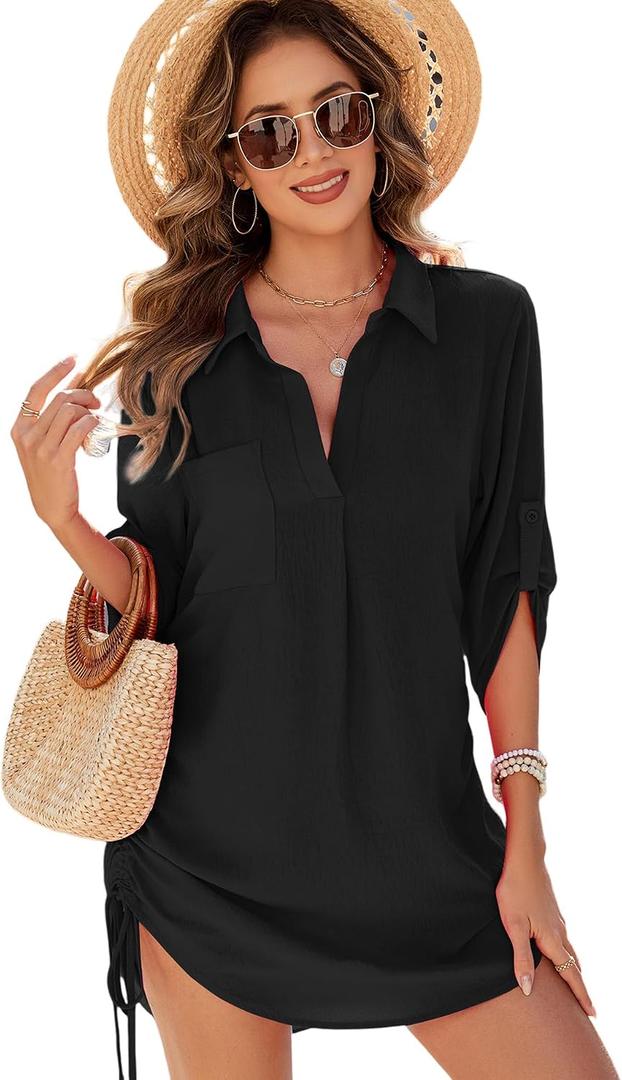 Urchics Swimsuit Coverup for Women 2025 Drawstring V Neck Bikini Swimwear Beach Cover Up Beach Shirt Dress (Black, S)