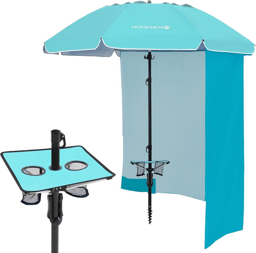 HOMEDEMO Heavy Duty High Wind Beach Umbrella with Sand Anchor,Built-in Table Tray & Tilt Pole&Hook& Curtain, UPF 50+ Windproof Portable Beach Umbrella for Patio Garden Pool Backyard (7FT, Trkiye Blue)