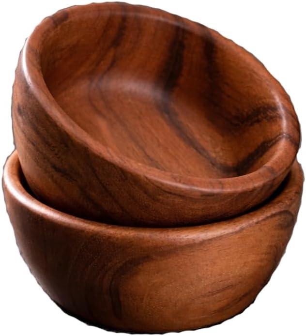 Acacia Wooden Salad Bowls (Set of 2): 6" x 3" Individual Wood Serving Bowls for Fruits, Cereal, Salads or Snacks - Handmade from a Single Organic Piece of Acacia Wood, Food Safe