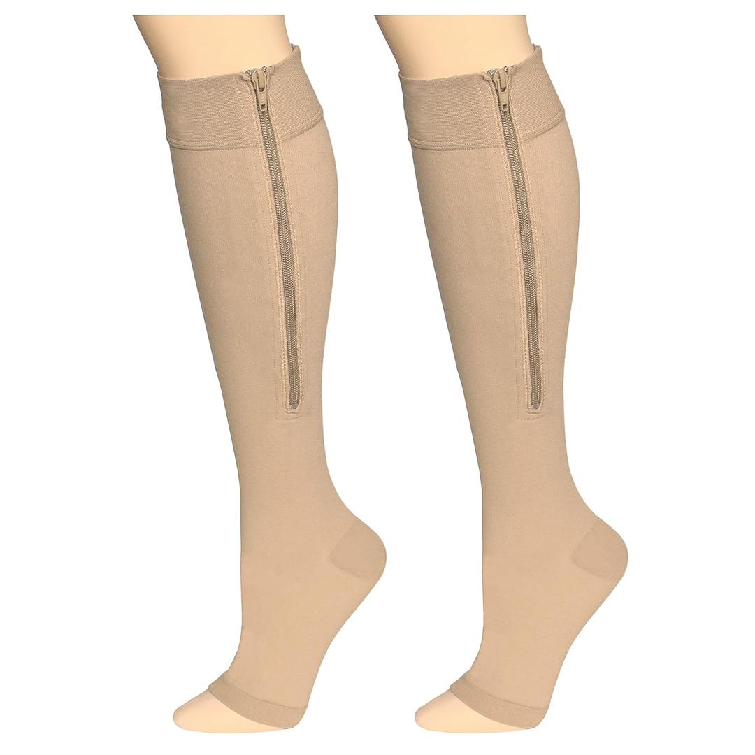Truform Zipper Compression Stockings, 15-20 mmHg Medical Socks, Women and Men, Knee High, Open Toe, Beige, Large