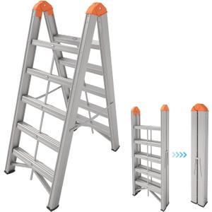 APARECIUM Aluminum Foldable Twin Front 5-Step Ladder, Compact Step Stool with Wide Anti-Slip Pedal, Portable, 330lb Capacity