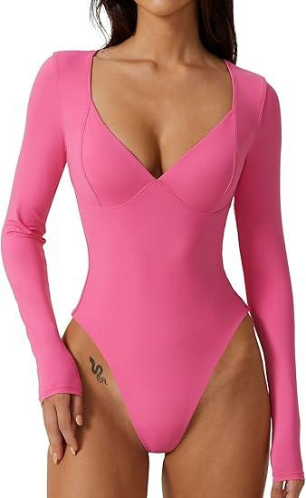 QINSEN Women's Long Sleeve Bodysuit V Neck Body Suits Seamed Cup Going Out Tops Shirt, Size M