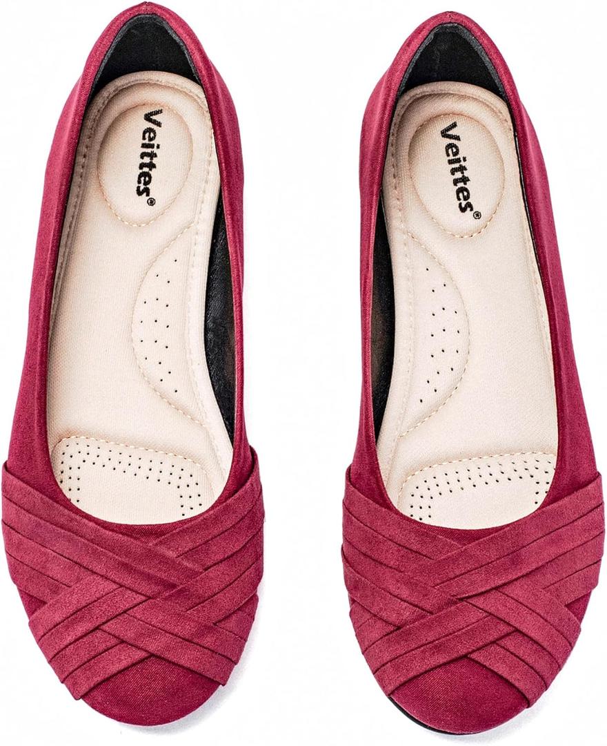Veittes Women's Wide Width Flat Shoes, Dressy Round Toe Slip On Comfortable Casual Office Work Ballet Flats (7.5 Wide, Wine Red 2310-2109002)