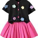 Girl's 2 Piece Summer Outfits Cute Floral Applique Short Sleeve Knitted Top and Pleated Skirt Set (Pink), 4Y