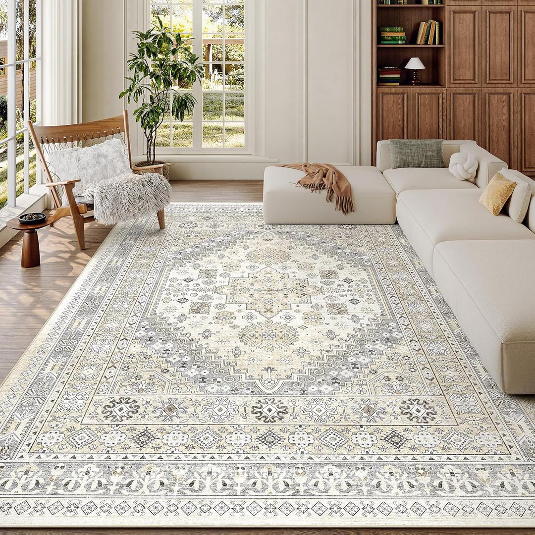 zesthome 6x9 Area Rug, Super Soft Washable Rugs for Living Room, Non-Slip Stain Resistant Vintage Rugs, Ultra-Thin Large Area Rugs (Beige,6'x9')