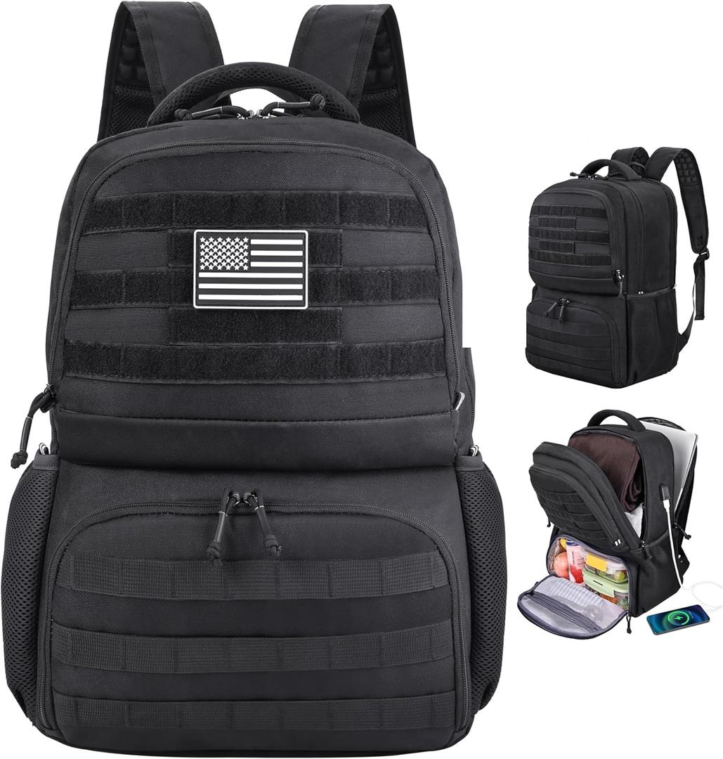 MOZETO Laptop Lunch Backpack for Men, Tactical Inspired Utility Anti-Theft Work Bag with Cooler Compartment Lunchbox (Black, 17 Inch)