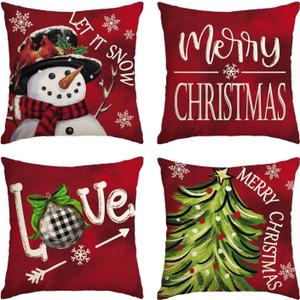 AVOIN colorlife Merry Christmas Let It Snow Love Snowman Red Throw Pillow Covers, 16 x 16 Inch Xmas Tree Holiday Cushion Case Decoration for Sofa Couch Set of 4