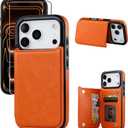 for iPhone 17 Pro Max Wallet Case with Screen Protector, Slim PU Leather Protective Case with Card Holder[RFID Blocking] Kickstand Cover 6.9"-Orange