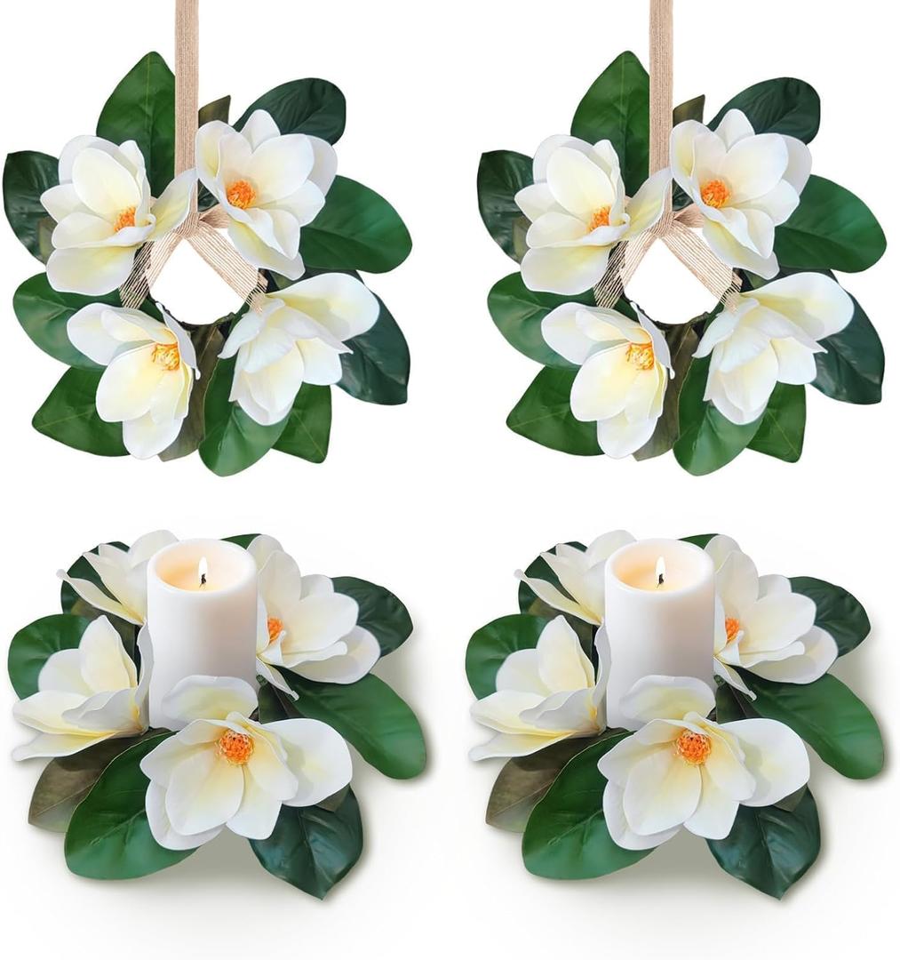4 Pcs Artificial Magnolia Wreaths for Front Door Mini Floral Hanging Wreath for Pillar Porch Wall Window Farmhouse All Seasons Decoration