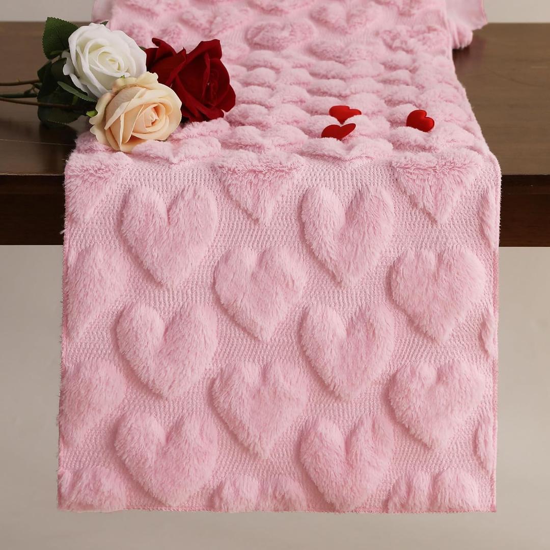Valentines Tbale Runner 13x72 Inch Soft Plush Faux Fur Jacquard Pink Heart Table Runner, Seasonal Kitchen Dining Table Valentine's Day Decoration for Home Party Decor ZR004B72
