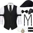 YESSA 1920s Mens Costume,Roaring 20s Costumes for Men,Gatsby Costume Men,1920s Mens Outfit Hat Vest Pocket Watch Tie (Large, Black)
