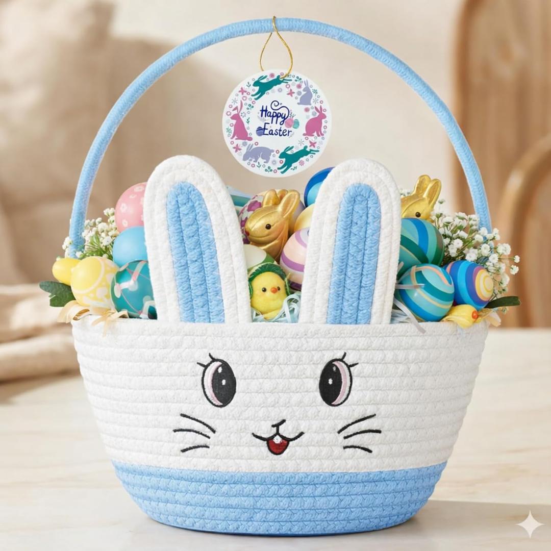 Allaugh Personalized Easter Basket for Toddler: Blue Cotton Woven Baby Easter Gift Basket - Empty Bunny Egg Baskets Large with Double Rope Handle For Girls Boys Kids