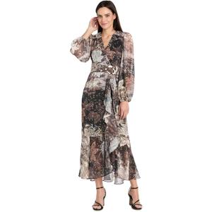Metallic Animal Print Satin Chiffon Wrap Dress W/Long Sleeves, Ruffle Cascade Front & Tiered Hem (Size 8)