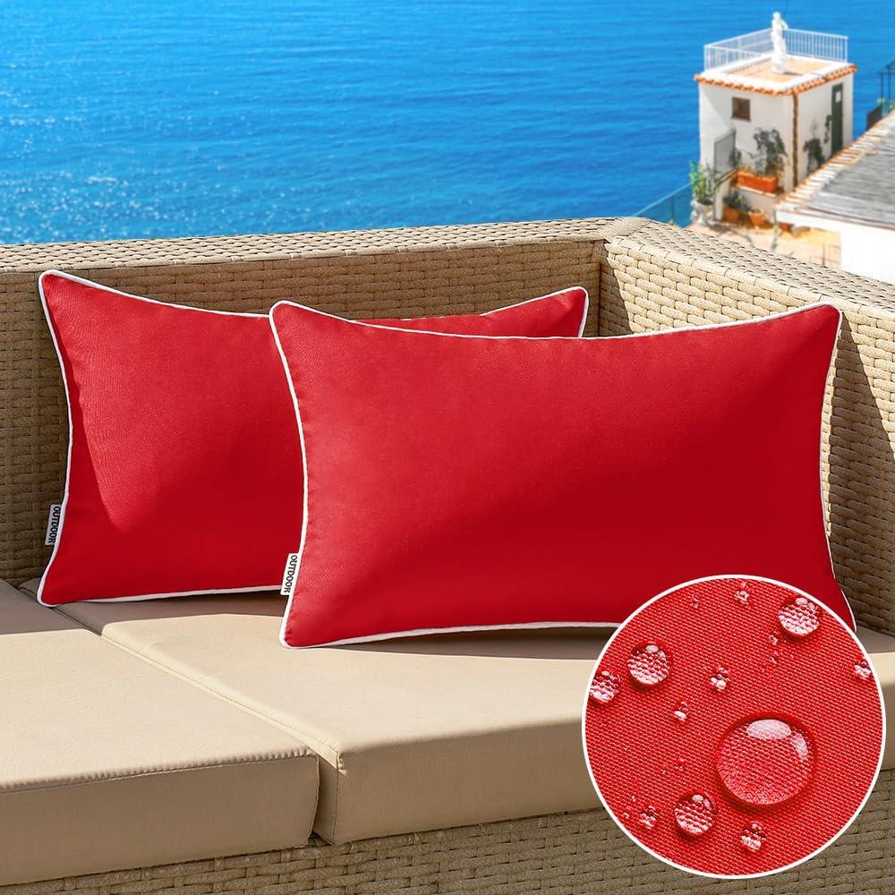 MIULEE Pack of 2 Outdoor Waterproof Pillow Covers Decorative Lumbar Throw Pillows Solid Color Farmhouse Couch Cushion Covers for Patio Tent Bed Sofa Living Room 12x20 Inch Red