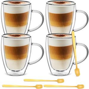 Cappuccino Glass Mugs (Set of 4) 12 Ounce Double Walled Espresso Cups with 4 Golden Spoons, Perfect for Latte, Cappuccino, Tea, or Juice